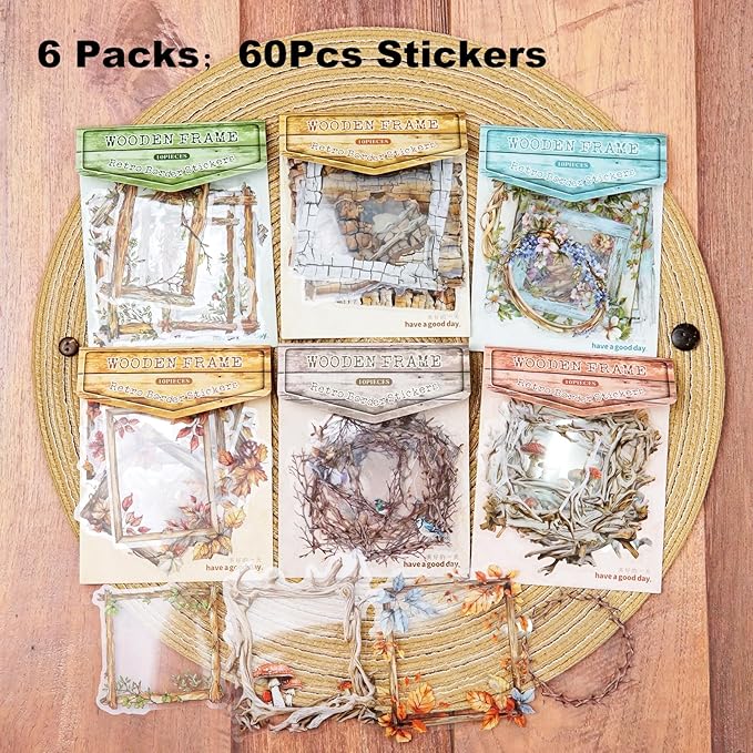 Vintage Wooden Frame PET Sticker Set, 60PCS Retro Aesthetic Scrapbook Stickers for Journaling, DIY Crafts, and Decorative Art Supplies