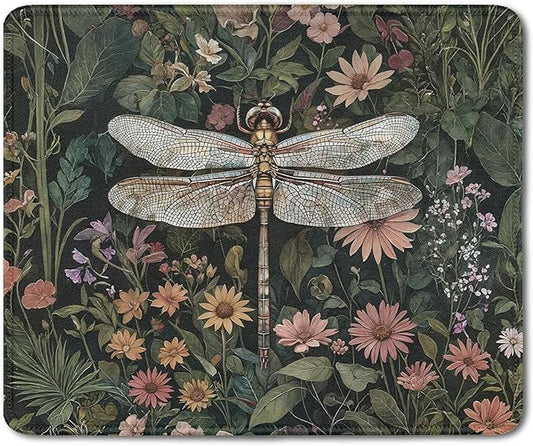 Moody Floral Dragonfly Mouse Pad,Dark Cottagecore Botanical Dragonfly Mouse Pads Mousepad for DeskOffice Dorm Computers Laptop, Aesthetic Office Supplies Desk Accessories, 9.5x7.9 Inch