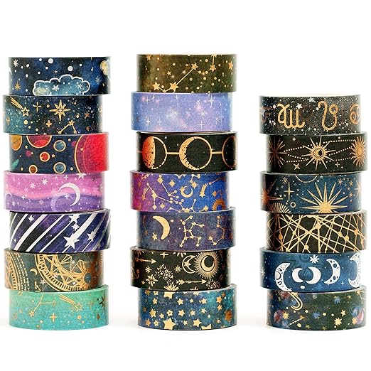 YUBBAEX 20 Rolls Galaxy Washi Tape Set Constellations Arts Masking Tape Gold-Foil Starry Night Designs Decorative for DIY Crafts, Bullet Journal Supplies, Planners, Scrapbook, Card/Gift Wrapping