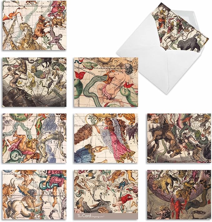 The Best Card Company - Assorted 10 Blank All Occasions Notecards Boxed Set 4 x 5.12 Inch w/Envelopes Zodiac Sign Stars, Astrology for Men, Women (10 Designs, 1 Each) - Sky Signs M2340OCB
