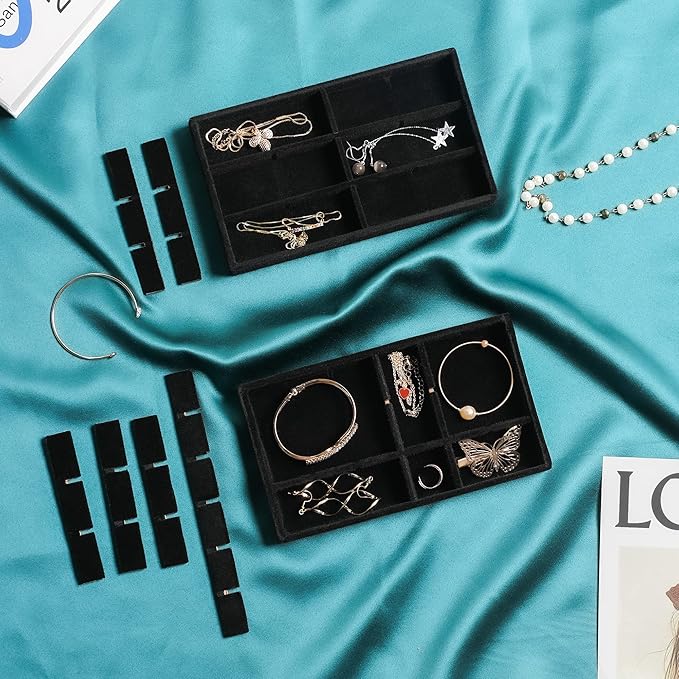 Frebeauty Jewelry Organizer Tray,Stackable Velvet Jewelry Trays,Drawer Inserts Earring Organizer For Women Jewelry Storage Display Case for Rings Stud Necklaces,Set of 6(Black)