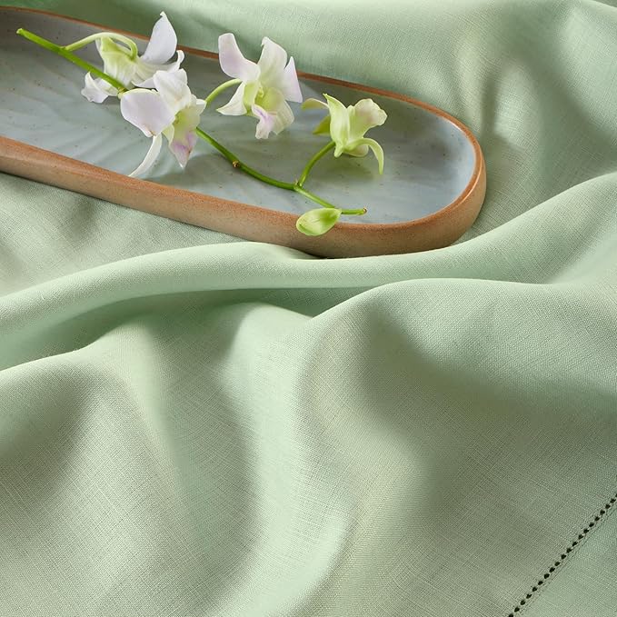 Solino Home Linen Hemstitch Table Runner 108 Inches Long - 100% Pure Linen Light Green Table Runner 14 x 108 Inch for Spring, St Patricks Day, Easter - Classic Hemstitch
