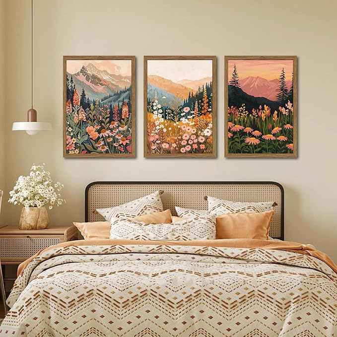 Boho Colorful Landscape Wall Art Set of 3, Vintage Wildflower Mountain Canvas Wall Decor Paintings, Rustic Nature Floral Pictures Prints for Living Room Bedroom 12x16 Inch Wood Framed