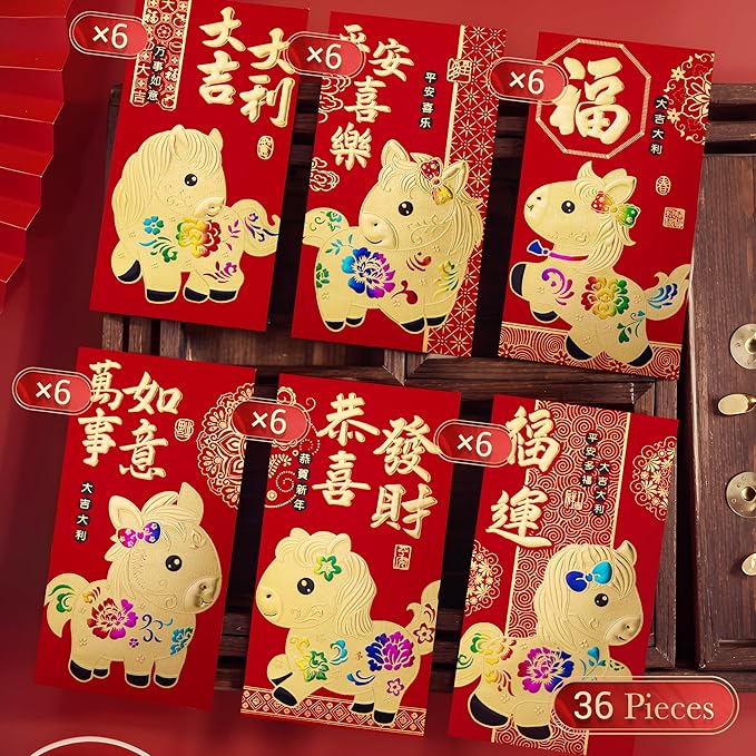 36pcs Red Envelopes Chinese New Year, Chinese Traditional Lucky Money Hong Bao Red Envelope Pockets for 2026 Spring Festival, Lunar New Year, 6 Cartoon Horse Designs,L