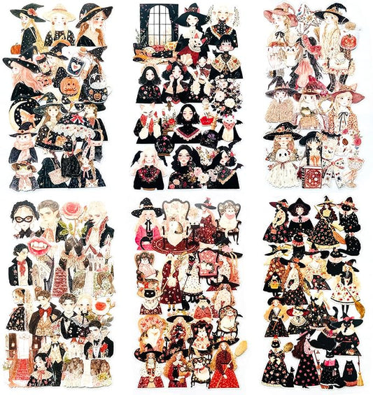 120 PCS Vintage Witch Scrapbook Stickers – Dark Gothic Halloween Witches, Magic Potions, Black Cats, Retro Witchy Aesthetic Sticker Pack for Journaling, DIY Crafts, Laptop, Halloween Decorations