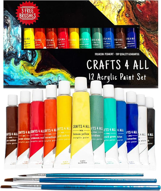 Acrylic Paint Set for Adults and Kids - 12 Pack of 12mL Paints with 3 Art Brushes, Non-Toxic Craft Paint for Easter Eggs, Ceramic Rock Paint - Art Supplies