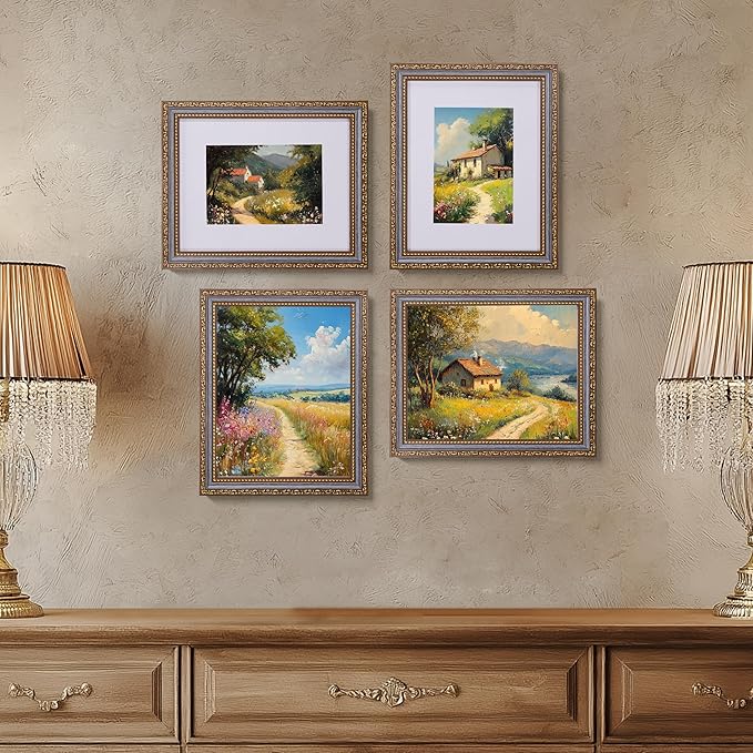 eletecpro 8x10 Picture Frames Set of 4, Vintage 8 x 10 Photo Frames with Glass, Display 5x7 Photo with Mat or 8x10 without Mat for Tabletop or Wall Decor, Blue Gold