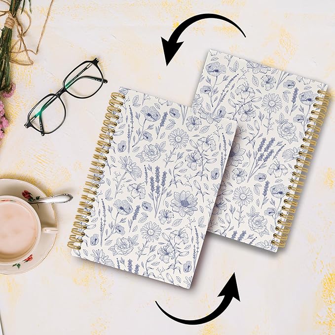 Pugwak Vintage Floral Journal Notebook - Aesthetic Botanical Line Flower Notebooks College Ruled for Work School, Gifts for Women Coworker, Office Supplies, Hardcover Spiral Notebook 5.5"x8.3"