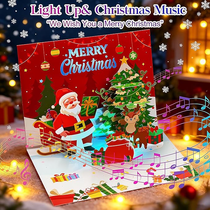 Christmas Cards, Light and Music Merry Christmas Card, 3D Pop Up Greeting Card with Christmas Tree and Santa for Women Men Kids Husband Wife Mom Dad Daughter