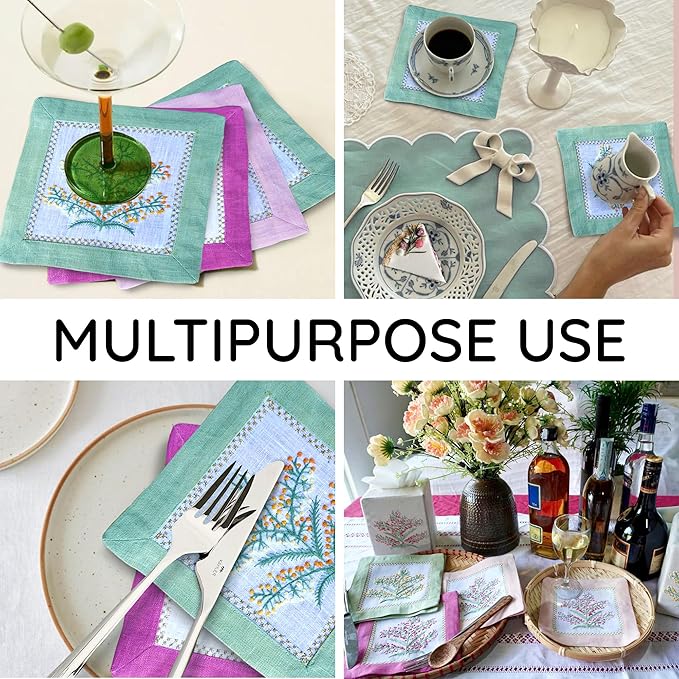 Cocktail Napkins Set of 6, 6x6 inch, 100% Linen, French Knot Hand Embroidered Floral Pattern, Reusable & Washable Napkin Coasters for Drinks, Parties, Weddings (Pink & Green)