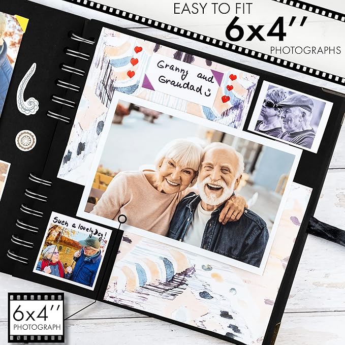 Bstorify Scrapbook Album 60 Pages (8 x 8 inch) Black Thick 250gsm Kraft Paper, Corner Protectors - Scrap Book, Ribbon Closure - Ideal for Your Scrapbooking Albums, Art & Craft Project