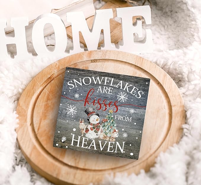 SRADMO Christmas Snowflakes are Kisses from Heaven Wood Box Sign Desk Decor, Winter Signs Box Sign Decoration for Home Office, Snowman Decor Signs Plaques