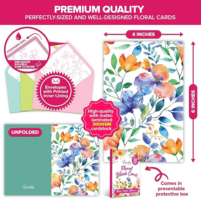 Decorably 50 Pack 6x4in Blank Floral Cards with Envelopes and Stickers, 10 Flower Designs - All Occasions, Appreciation, Weddings, Anniversary, Gifting, Mailing