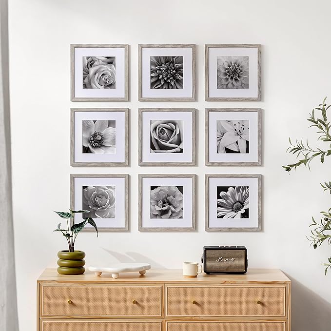 eletecpro 12x12 Picture Frames Set of 9 with Mat for 8x8 Photos or without Mat for 12x12, Square Gallery Wall Decor Collage for Picture Display, Grey Frame Set for Wall Hanging