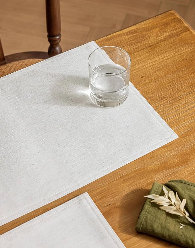 Set of 8 Cream Linen Placemats Table Placement Mats Plate Coasters for Dining Table Water Repellent Rectangular Farmhouse Modern 12x18 Inch