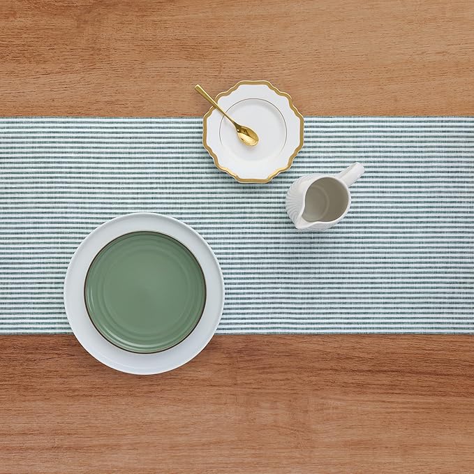 Solino Home Linen Table Runner 120 Inches Long - Narrow Stripe, 100% Pure Linen Rainforest and White Table Runner 14 x 120 Inch for Dining, St Patricks Day
