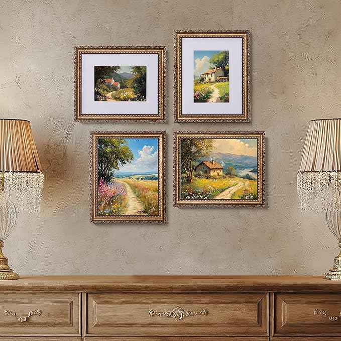 eletecpro 8x10 Picture Frames Set of 4, Vintage 8 x 10 Photo Frames with Glass, Display 5x7 Photo with Mat or 8x10 without Mat for Tabletop or Wall Decor, Bronze Gold