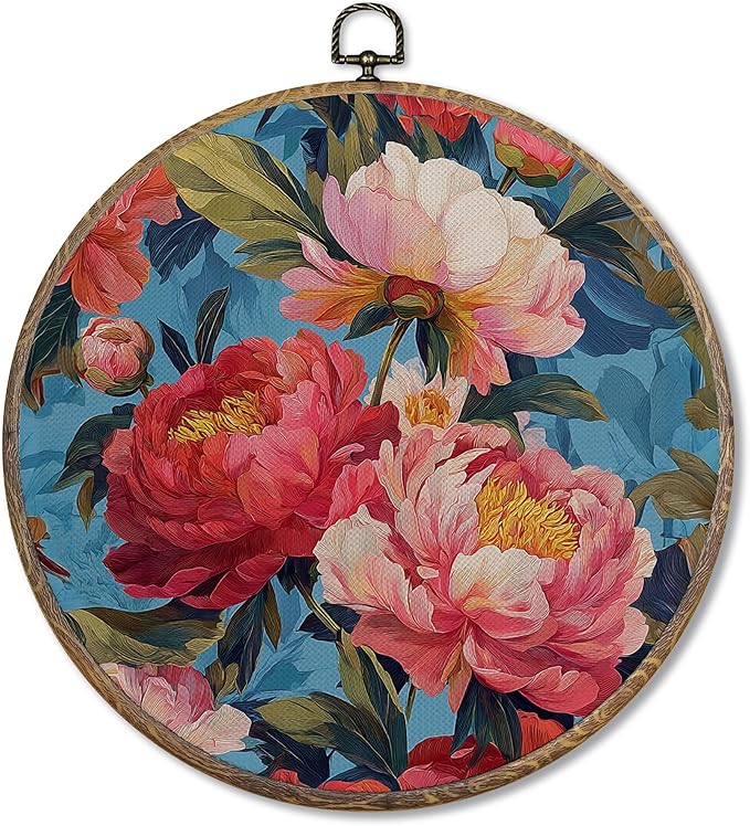 FUGWN Retro Peony Floral Round Wall Art Decor Framed, Cottagecore Floral Canvas Artwork Prints, Rustic Botanical Flower Wall Hanging Decorations for Home Bedroom Living Room, 10x10 Inch