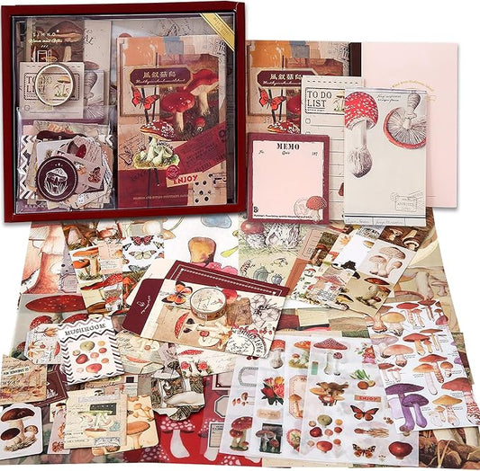 Scrapbooking Supplies Kit, Vintage Mushroom Aesthetic Scrapbook Kit for Bullet Junk Journal, Stationery, A6 Grid Notebook, DIY Journaling Supplies, Birthday Craft Gift for Teen Girl Kid Women