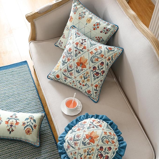 ISAENNE Design Linen Throw Pillow Covers Set of 4, Blue Country Cushion Covers with Colorful Wildflower Pattern Decor Lumbar Round Square Pillowcases for Bed,Living Room,Outdoor,Car