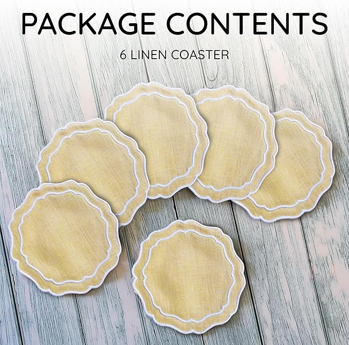 Drink Coasters Set of 6, 6x6 inch, Absorbent Linen Drink Mats with Scalloped Edge, Reusable Handmade Coffee Coasters for Home Decor & Tabletop Protection & Gift Giving (Butter)