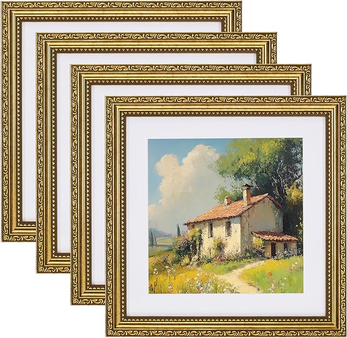 eletecpro 10x10 Picture Frames Set of 4, Vintage 10 x 10 Photo Frames with Glass, Display 8x8 Photo with Mat or 10x10 without Mat for Tabletop or Wall Decor, Gold