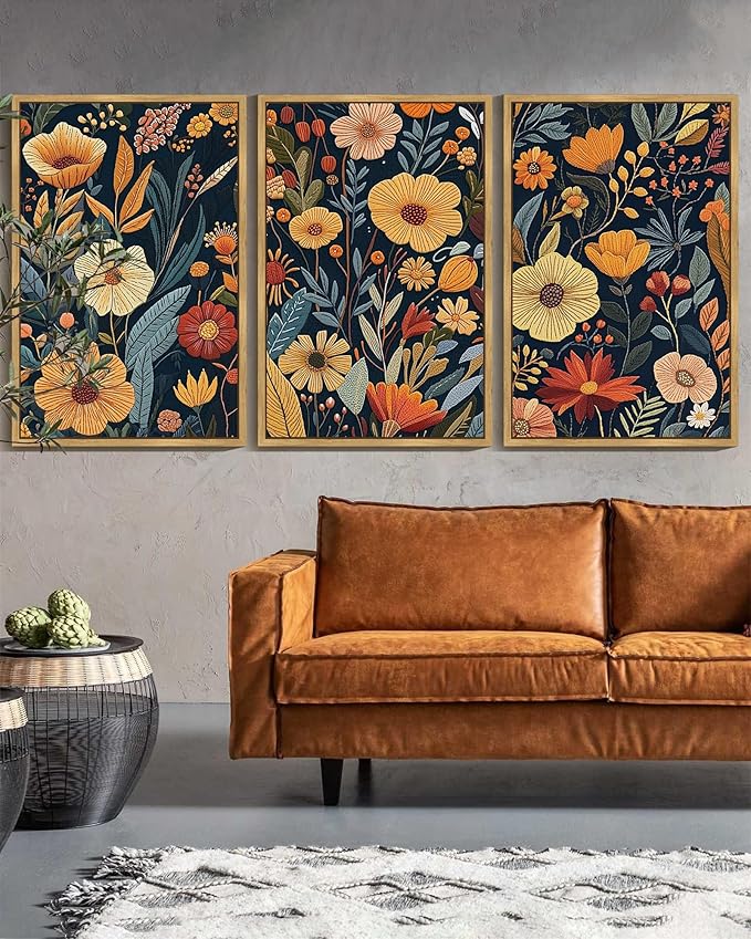 KUVIOKE Vintage Flower Framed Wall Art Colorful Boho Floral Wall Decor Botanical Retro Wildflower Modern Artwork Bedroom Living Home Decor 24x36in (Natural Framed)