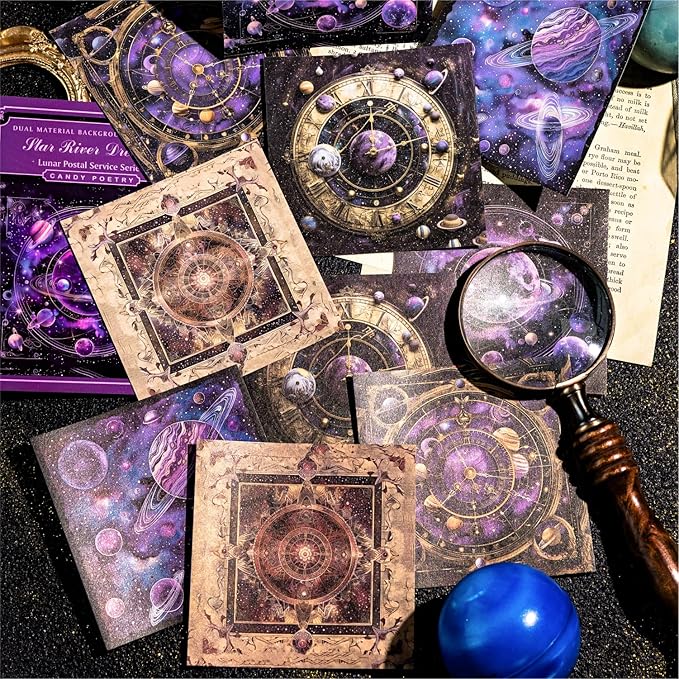60 Sheets Fantasy Lunar Celestial Scrapbook Paper, Vintage Self-adhesive Moon Spaces Planets Scrapbook Decorative Paper for Journaling, Junk Journal, Art Supplies
