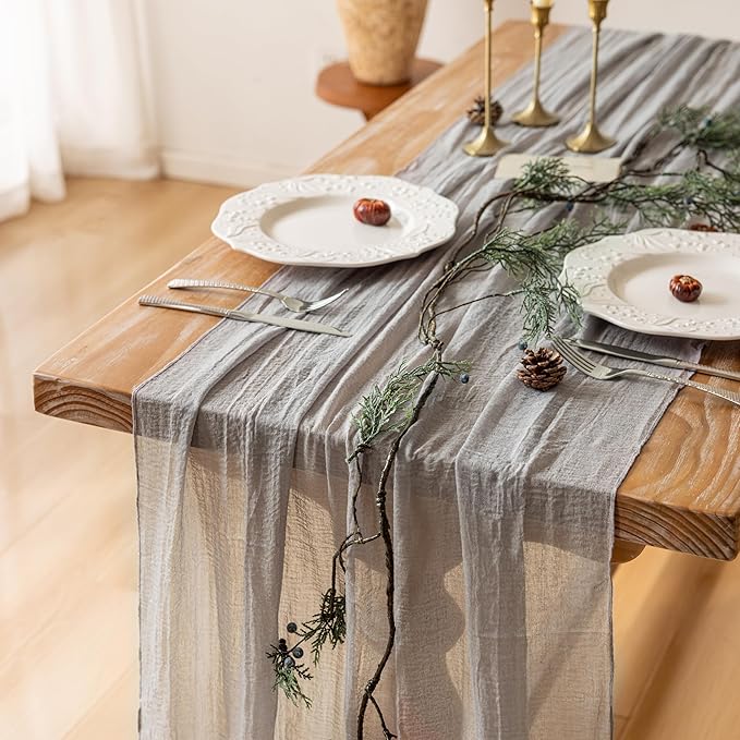 Keketoarrange 3pcs Grey Gauze Rustic Cheesecloth Table Runner 120 Inch 10 FT for Wedding Baby Shower Bridal Shower Birthday Engagement Garden Outdoor Party Long Sheer Boho Decorations
