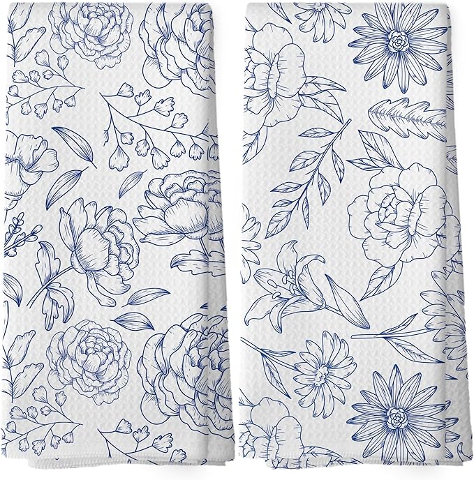 Vintage Blue Botanical Floral Kitchen Dish Towels, Rustic Cottagecore Elegant Flower Plant Midcentury Modern Boho Hand Towels Bathroom Kitchen Tea Towels Decorations, 16x24inch Set of 2