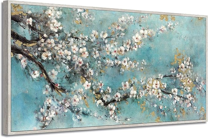 Abstract Flower Wall Art Framed: Dogwood Painting Hand Painted Artwork on Canvas with White Wood Grain Frame (48''W x 24''H,Multi-Sized)