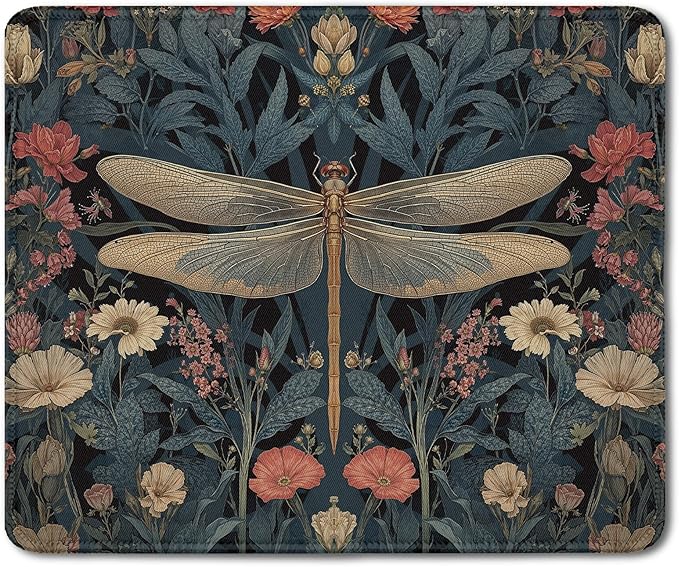 Moody Floral Dragonfly Mouse Pad,Dark Cottagecore Botanical Dragonfly Mouse Pads Mousepad for Desk Office Dorm Computers Laptop, Aesthetic Office Supplies Desk Accessories, 9.5x7.9 Inch,J079