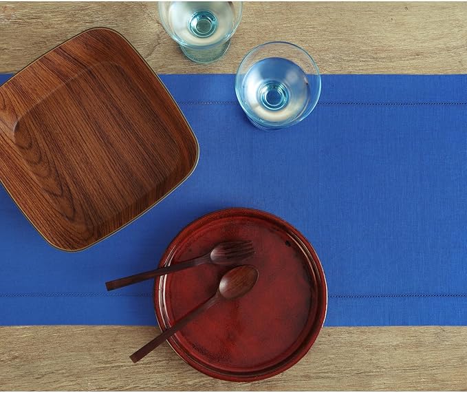 Solino Home Linen Royal Blue Table Runner 156 Inches Long - 100% Pure Linen Extra Long Table Runner 14 x 156 Inch for Spring - Classic Hemstitch