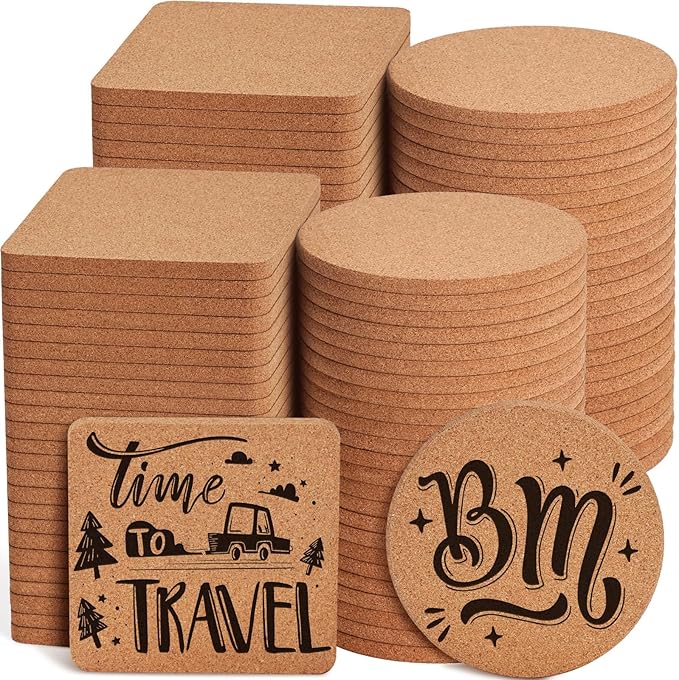 100 Pieces Cork Coasters for Drinks, GOH DODD Thicken Absorbent Blank Coasters for DIY Crafts Laser Engraving Sublimation Wood Burning Plants Painting Housewarming Gifts Wedding, Square Round, 4 Inch