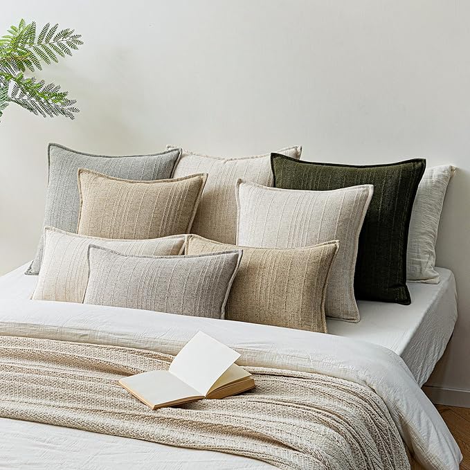 a moment Linen Pillow Covers Set of 2,Boho Farmhouse Throw Pillowcases Neutral Textured Decorative Covers for Couch Sofa Bed, Soft Linen Blend Accent Case Cushion Home Decor 18"x18" Beige Grey