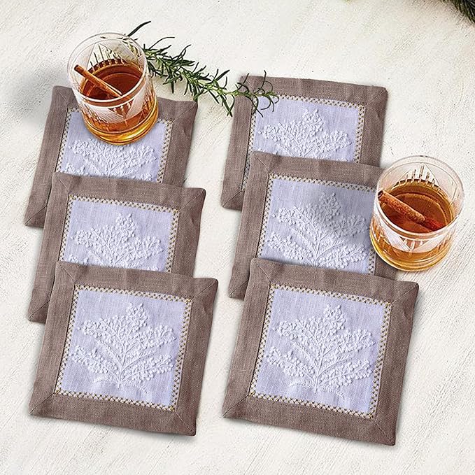 Cocktail Napkins Set of 6, 6x6 inch, 100% Linen, French Knot Hand Embroidered Floral Pattern, Reusable & Washable Napkin Coasters for Drinks, Parties, Weddings (Taupe)