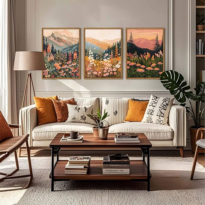 Floating Framed Boho Colorful Mountain Wall Art Set of 3, Vintage Wildflower Landscape Canvas Wall Decor Paintings, Nature Floral Forest Posters Pictures Prints for Living Room Bedroom 12x16 Inch
