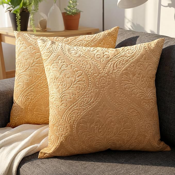Encasa XO Luxury Embossed Velvet Throw Pillow Covers - Plush Cushion Covers for Elegant Living Rooms & Bedrooms, Machine Washable, 18"x18" Gold | Set of 2 | Covers Only No Insert
