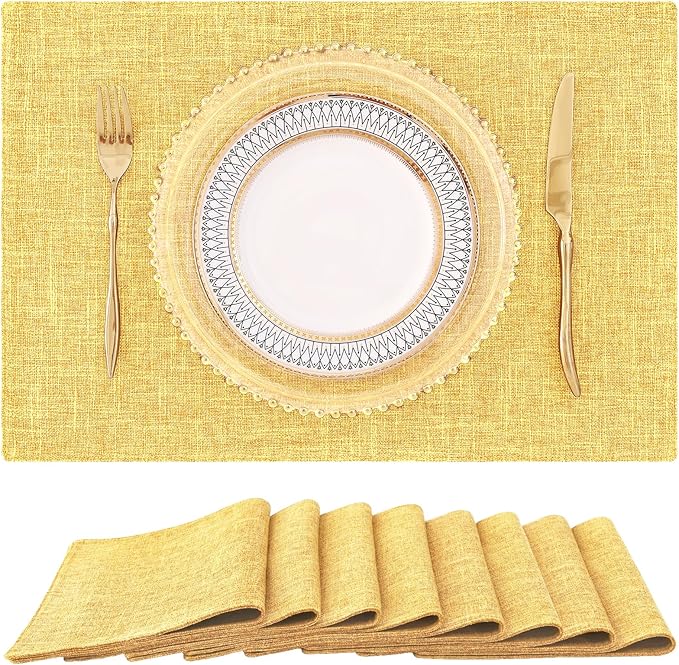 homing Cotton Linen Placemats Set of 8, Cloth Washable Farmhouse Dining Table Mats for Indoors & Outdoors, Easy to Clean, Mustard Yellow, 13 x 19 Inch