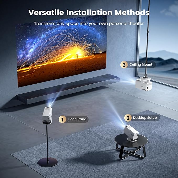 Mini 4K Projector with Wifi and Bluetooth, 1080P Full HD Smart Outdoor Portable Movie Small Projector with 270°Rotatable Stand, Android 13 OS, Auto Keystone, Support Big Screen for Home Bedroom