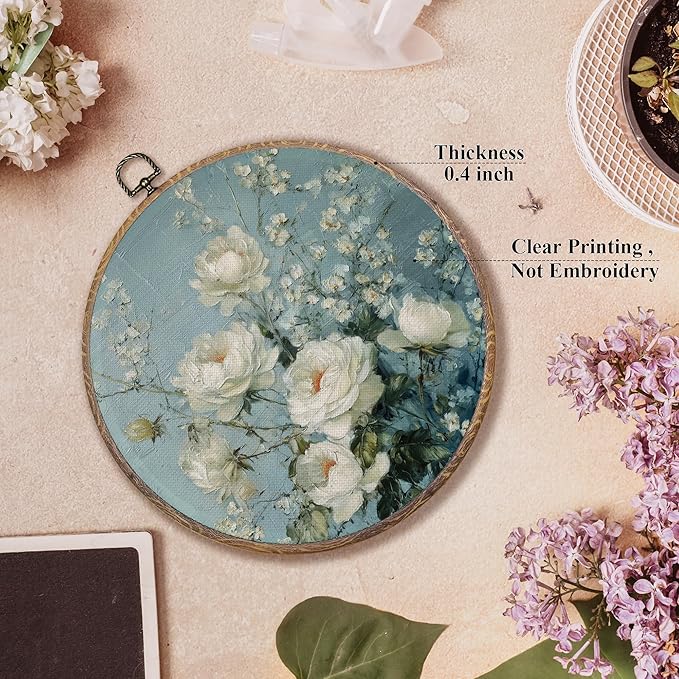 FUGWN Vintage White Rose Floral Round Wall Art Decor Framed, Cottagecore Botanical Canvas Artwork Prints, Rustic Farmhouse Flower Wall Hanging Decorations for Home Bedroom Living Room, 10x10 Inch