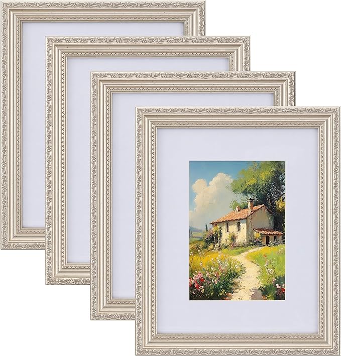 eletecpro 8x10 Picture Frames Set of 4, Vintage Photo Frame with Glass, Frames 8 x 10 Display 5x7 Photo with Mat or 8x10 without Mat for Tabletop or Wall Decor, Silver Beige