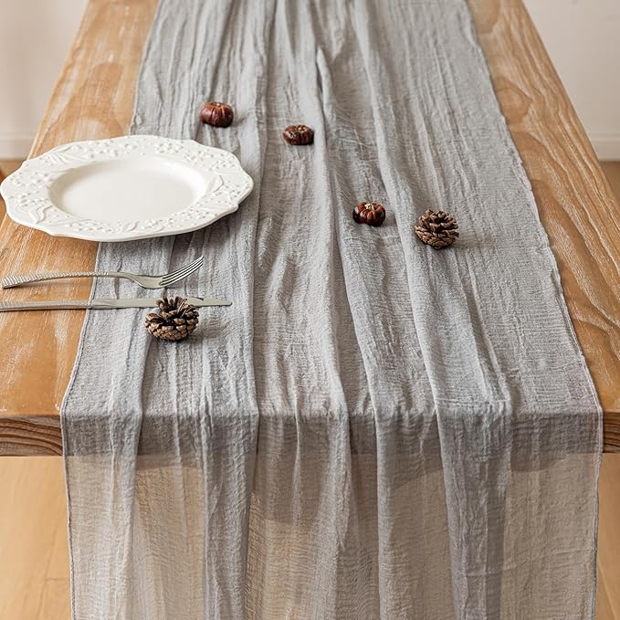 Keketoarrange 3pcs Grey Gauze Rustic Cheesecloth Table Runner 120 Inch 10 FT for Wedding Baby Shower Bridal Shower Birthday Engagement Garden Outdoor Party Long Sheer Boho Decorations