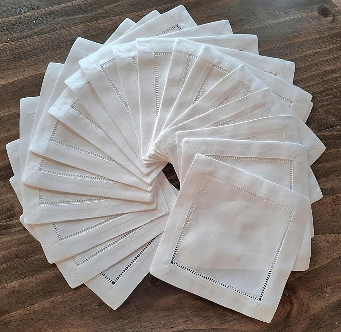 White Cocktail Napkins, White Linen Blend Cocktail Napkins Hemstitch 6x6 Set of 50 Cocktail Napkin, Linen Blend Cloth Coasters, Elegant Reusable Beverage Napkins for Wedding, Party and Entertaining