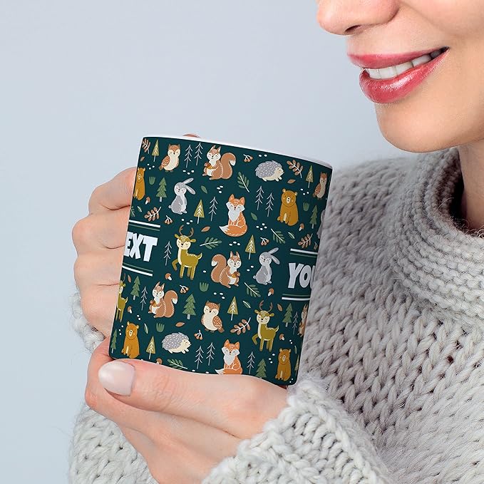 Personalized Mug for Kids - Woodland Animals - Custom Name/Text, Ceramic Hot Chocolate/Cocoa/Coffee Cup for Boys/Girls, Birthday/Christmas/Holiday Gift - 15 oz, Pink Handle