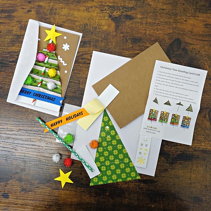 4E's Novelty Christmas Card Making Craft Kit for Kids (12 Pack) DIY Handmade Greeting Card with Envelopes & Supplies for Adults & Kids, Holiday DIY Christmas Party Invitation Card