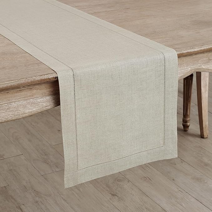 Solino Home Linen Natural Table Runner 90 Inches Long - 100% Pure Linen Hemstitch 14 x 90 Inch Table Runner for Dining, Spring, Easter - Classic Hemstitch