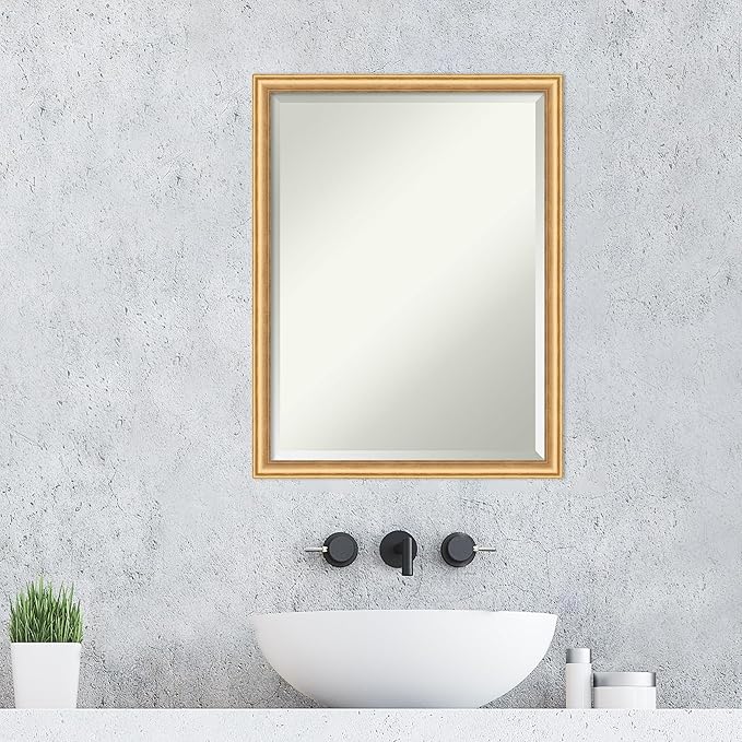 Amanti Art Gold Wall Mirror 26x20 Salon Scoop Gold Rectangle Bathroom Mirror for Wall Decor Living Room, Medium Casual Wood Frame, Hangs Horizonally and Vertically, Bathroom Decor, Beveled Edge