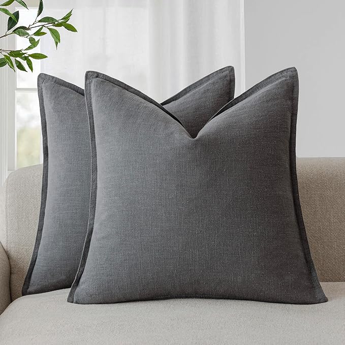 Foindtower Pack of 2, Decorative Linen Soild Throw Pillow Covers Soft Accent Square Cushion Case Boho Farmhouse Pillowcase for Chair Couch Sofa Bedroom Living Room Home Decor 18 x 18 Inch Grey