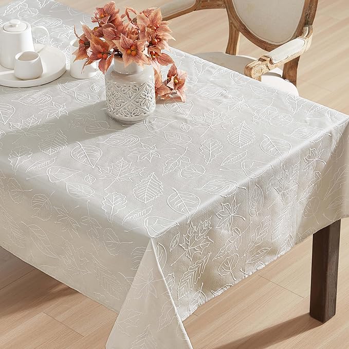 Laura Ashley Tablecloth Raised Woven Embroidered Jacquard Fabric, Wrinkle Resistant for Dining, Holiday, Party, Wedding or Banquet, 60" x 102", Maple Taupe